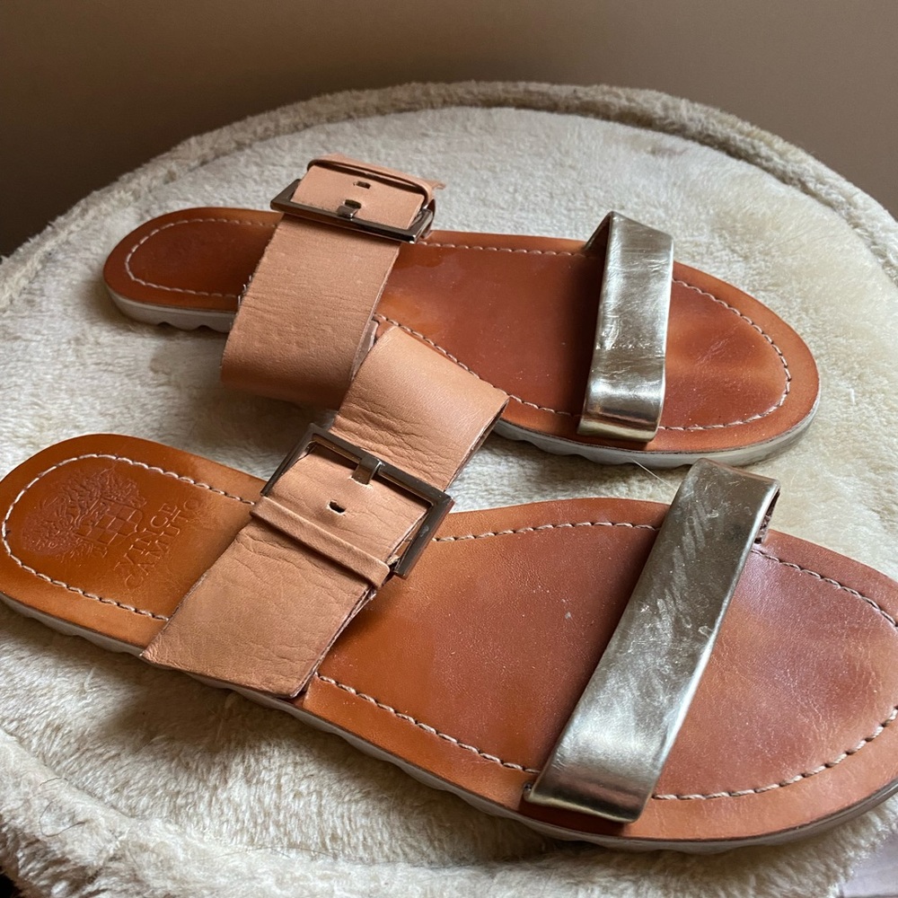 Vince Camuto Tan and Gold Leather Sandals